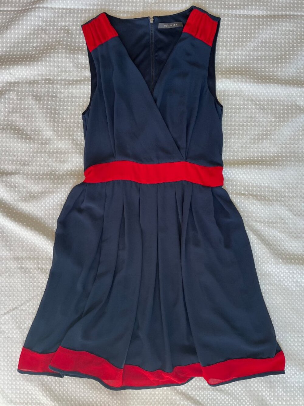 Suzy Shier Navy Blue & Red Colorblock Fit & Flare Dress - Size Small - Picture 3 of 6